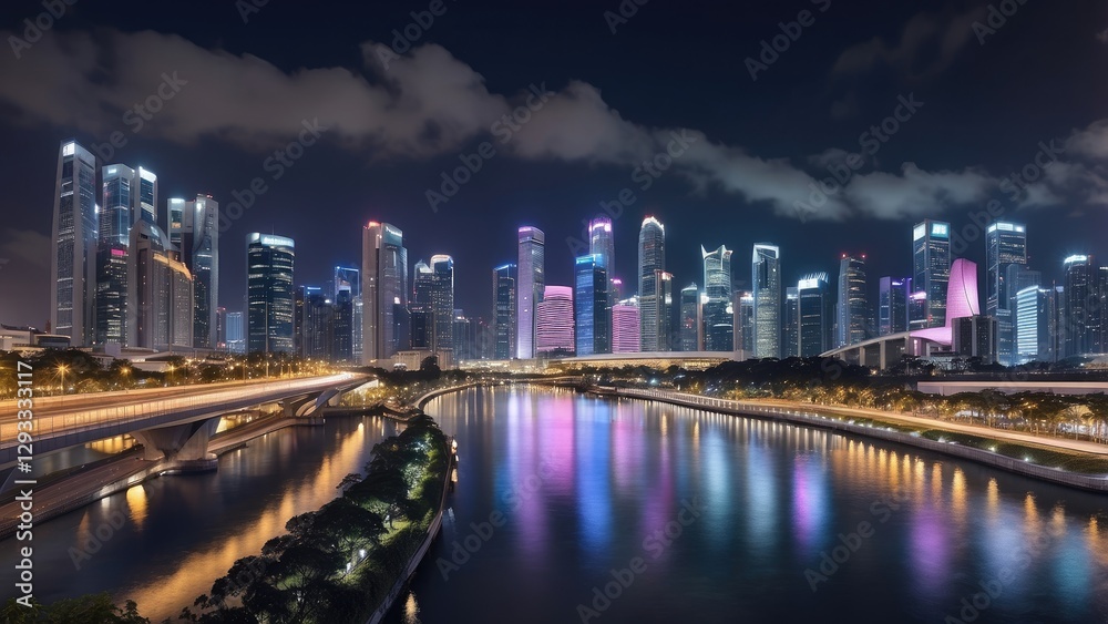 Obraz premium 1. **Urban Buildings Reflecting in Singapore's Skyline**