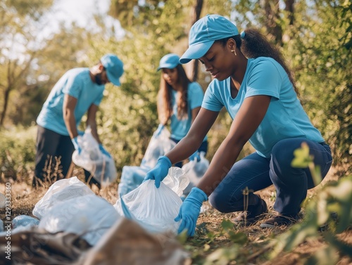 Volunteers in blue cleaning up trash outdoors in a park, promoting environmental care and sustainability, selective focus