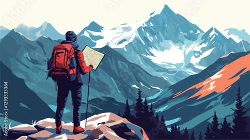 A stylized vector illustration depicting a hiker standing on a rocky outcrop, overlooking a vast mountain range. The hiker is wearing a red jacket and dark pants, carrying a backpack and holding a
