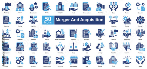 Merger and Acquisition icon set in Two Color style, featuring 50 icons of investment, negotiation, strategy, and business takeover. Perfect for corporate finance, legal, and business planning.