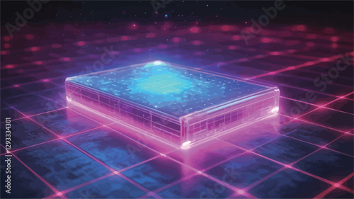 The image depicts a rectangular prism emitting bright pink and blue neon light.  It rests on a gridded surface, which is also illuminated with similar neon light. The prism appears to be digitally