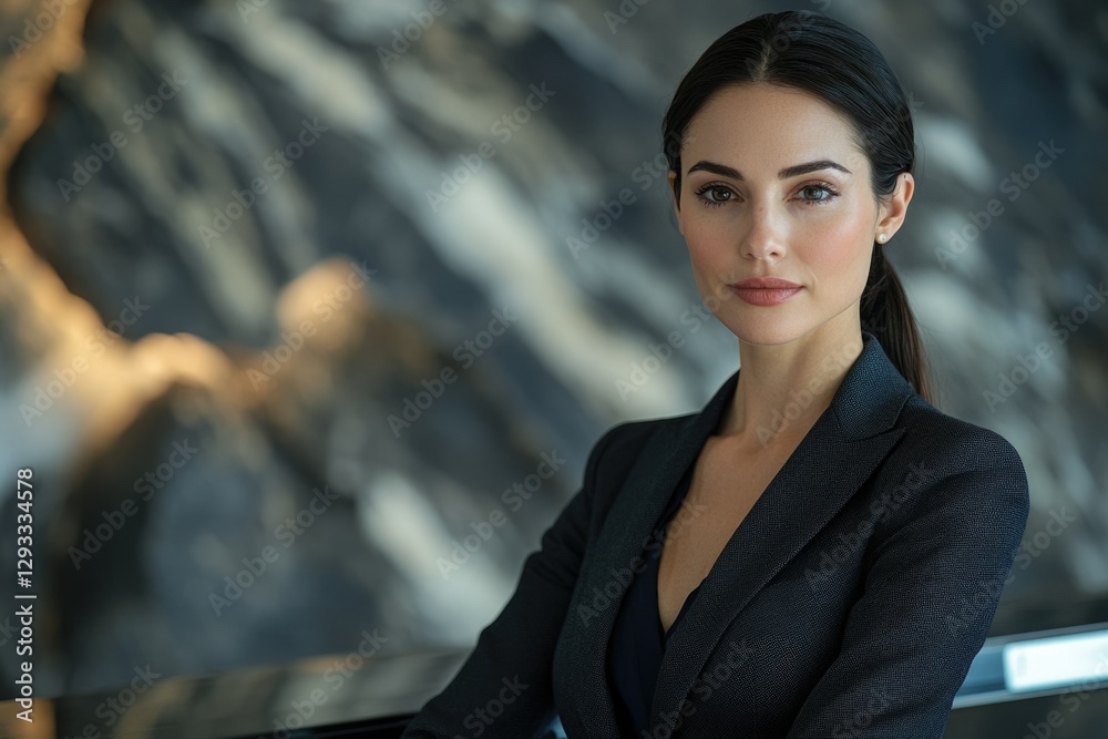 A confident young woman in a dark suit poses against a blurred marble background. A confident young woman in a dark suit poses against a blurred marble background.