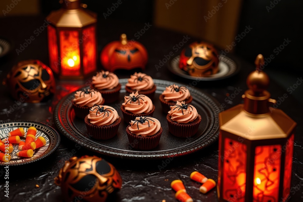 Naklejka premium A vibrant Halloween feast on a table with spider-web cakes, candy corn, and eerie masks. Art Deco Interior Style.
