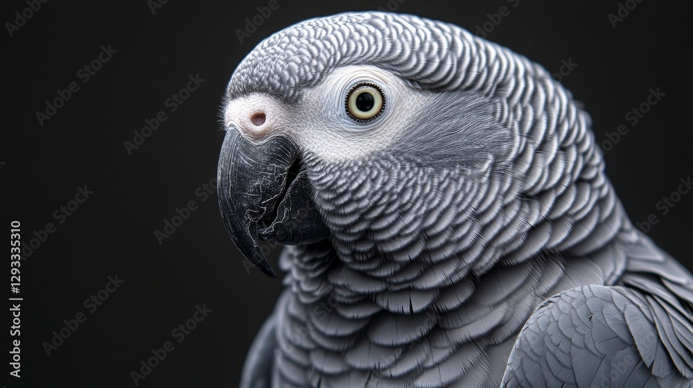 Obraz premium Close-up of african grey parrot on dark background with detailed feathers. Exotic bird portrait, wildlife and conservation concept