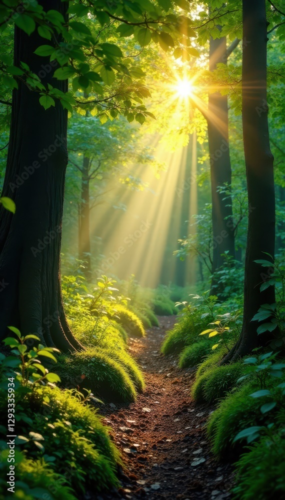 Fototapeta premium Sunlight streams through leaves, illuminating mossy forest path, trail, sunlight, light