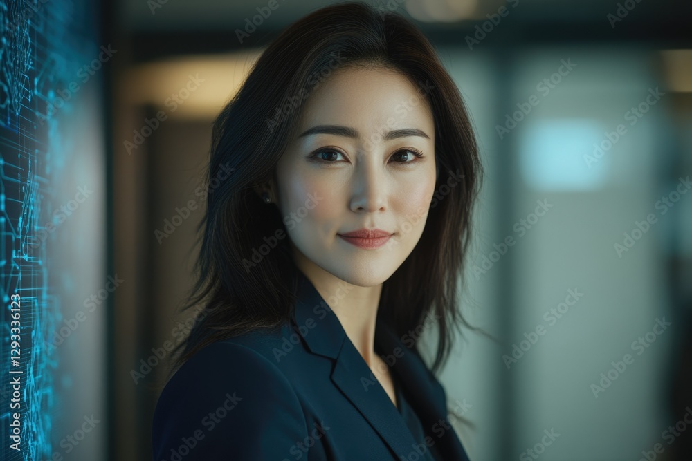 Fototapeta premium Portrait of a confident Asian businesswoman in a dark blue blazer, standing near a glowing digital display.