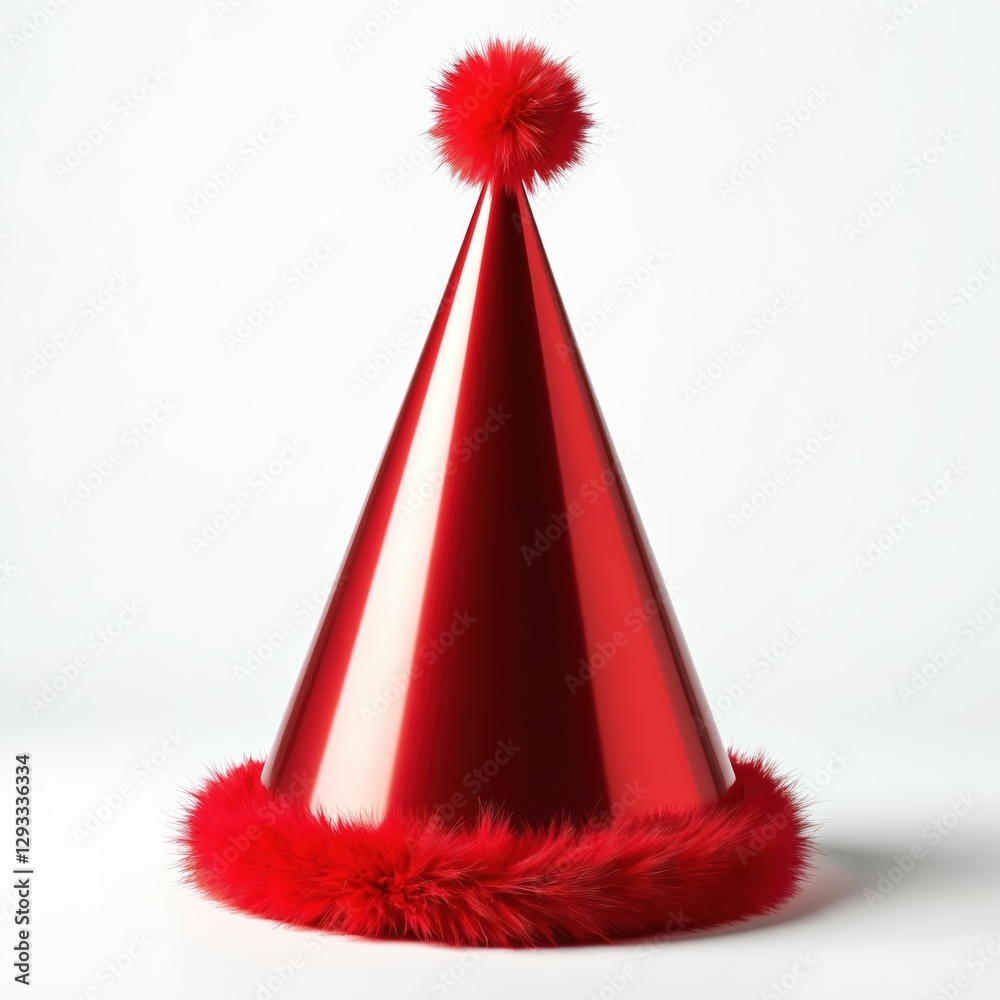 Close-up of red party hat with fluffy fur trim, pompom, isolated on white. Shiny headwear cone-shaped form for birthdays, New Year, Christmas celebration, costume party. Festive design with Close-up of red party hat with fluffy fur trim, pompom, isolated on white. Shiny headwear cone-shaped form for birthdays, New Year, Christmas celebration, costume party. Festive design with