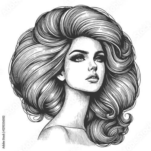 woman with an enormous, intricately curled hairstyle, blending surrealism, elegance, and vintage artistic style sketch engraving generative ai vector illustration. Scratch board. Black and white image