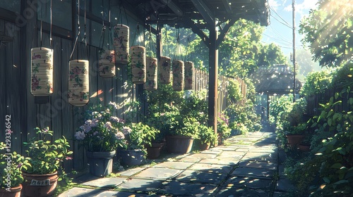 The light and shadow of wind chimes on the balcony in the afternoon