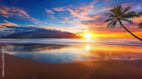Fototapeta Naklejka Na Ścianę i Meble -  Stunning sunset over tranquil beach maui nature photography serene environment wide angle view visual serenity