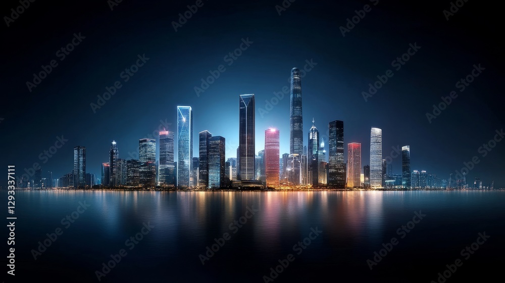 Fototapeta premium Stunning City Skyline at Night with Reflective Water Surface
