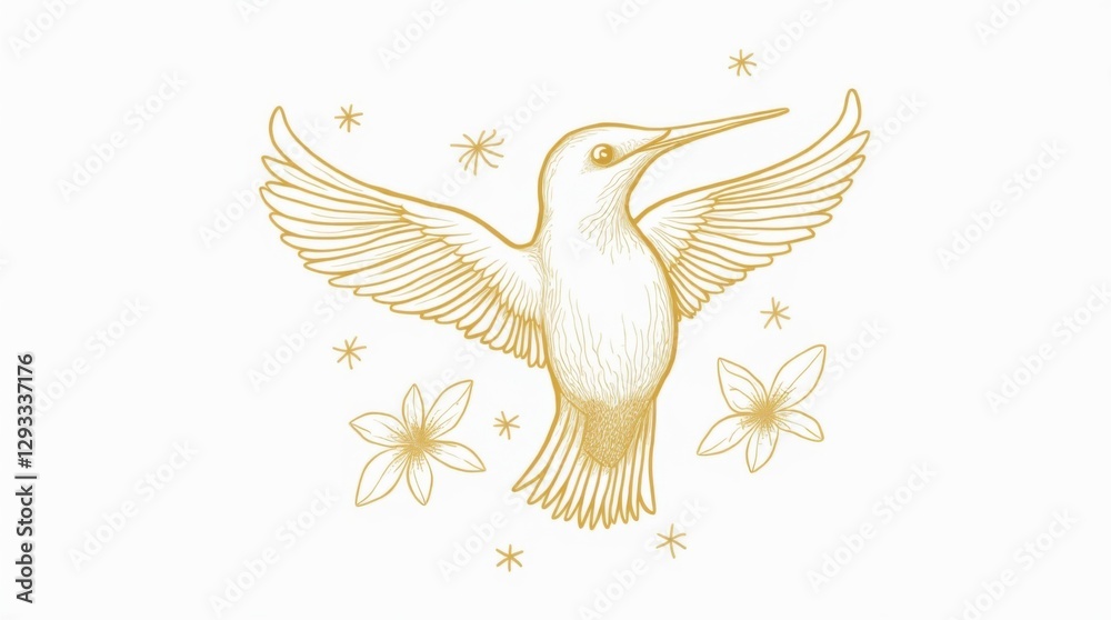 Fototapeta premium Artistic Gold Line Art Hummingbird in Flight