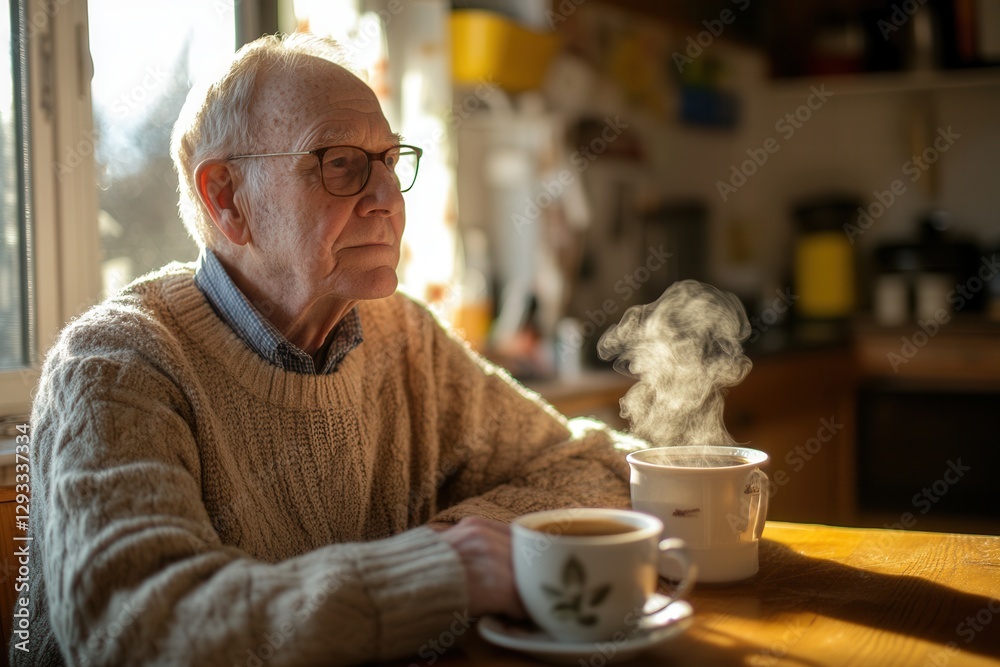 Elderly Man Drinking Tea in a Kitchen Elderly Man Drinking Tea in a Kitchen