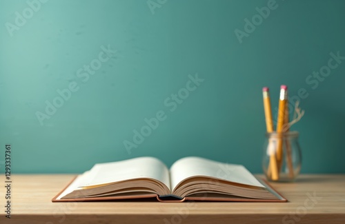 Open book with blank pages and yellow pencils on wooden desk against teal wall. Photo presents education, learning, school themes. Empty page, text copy space for design concept.