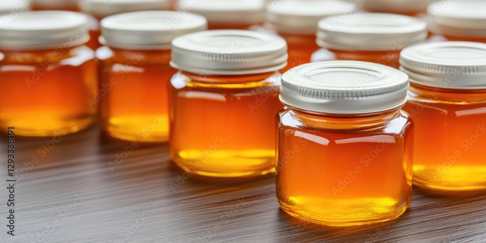 Close-Up of Honey Jars on Wooden Table Close-Up of Honey Jars on Wooden Table
