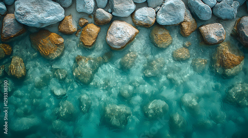 Obraz na płótnie A mesmerizing aerial photography of a beach covered in large, rounded stones, each one uniquely shaped and polished by years of waves, with shallow, crystal-clear water flowing over them. w salonie