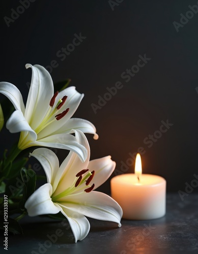 White lily with burning candle on black background. Floral funeral card concept with copy space. Mourning, condolence, grief theme. Light, bright bloom and burning candle offer hope.