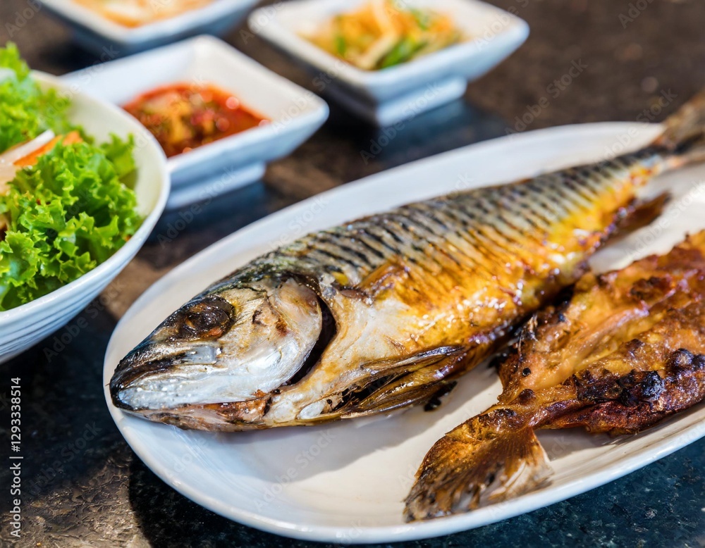 Korean Grilled Fish Feast: Mackerel and Hairtail with Side Dishes Korean Grilled Fish Feast: Mackerel and Hairtail with Side Dishes