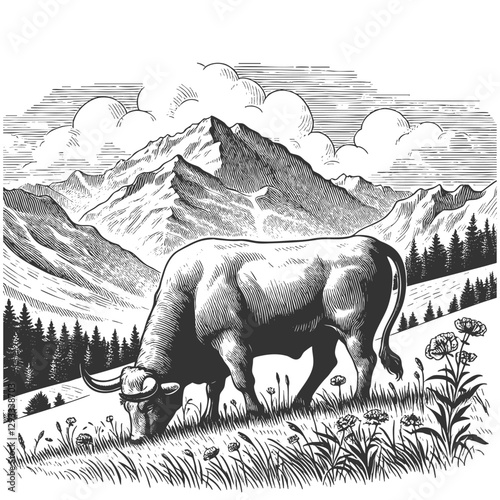 bull grazing in an alpine meadow, with mountains, trees, drawn in an engraved, woodcut style sketch engraving generative ai vector illustration. Scratch board imitation. Black and white image.