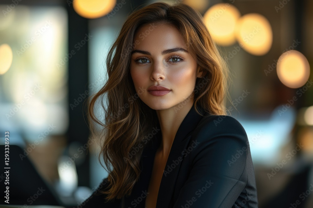 Obraz premium A beautiful woman with long brown hair and subtle makeup, captured in a portrait.