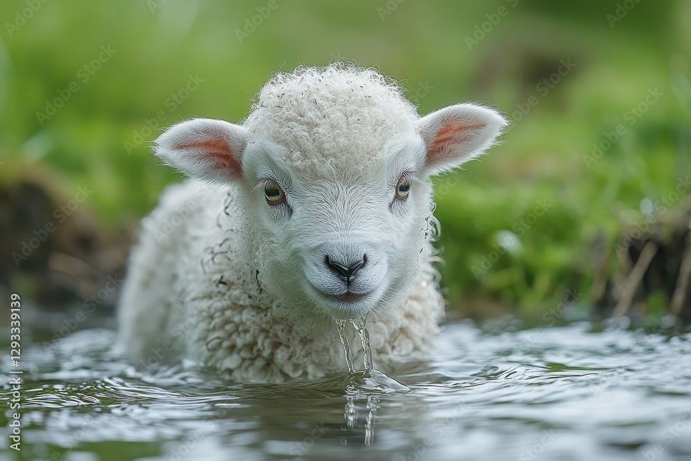 Lamb drinking water in a serene meadow during bright daylight in springtime Lamb drinking water in a serene meadow during bright daylight in springtime