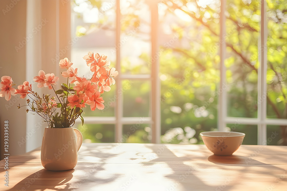 Fototapeta premium Serene Morning Still Life, Flowers, Sunlight, and Tranquility at Home
