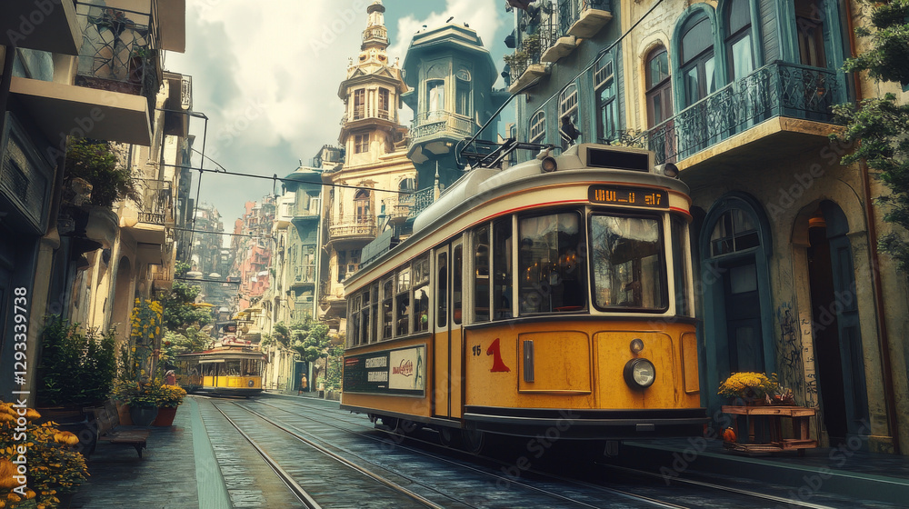 Fototapeta premium Tram riding on retro city street game background with layers ready for animation. Trolley car on vintage cityscape parallax effect with antique buildings. Cartoon vector urban tramway railway commuter