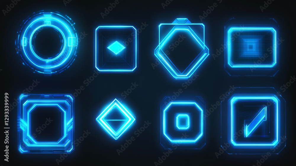 Futuristic glowing frames in neon blue set on dark background. Geometric tech designs of oval, asymmetric polygon, round and rhombus shapes for cyberpunk game interface elements or sci fi graphics. Futuristic glowing frames in neon blue set on dark background. Geometric tech designs of oval, asymmetric polygon, round and rhombus shapes for cyberpunk game interface elements or sci fi graphics.