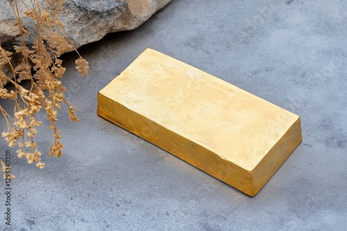 A gold colored block sits on a grey surface. The block is rectangular in shape and he is made of metal. The image has a calm and serene mood, with the gold block being the focal point of the scene photo