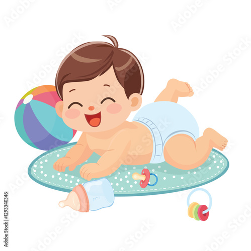 Crawling baby vector in flat design. An adorable baby with short brown hair is crawling on a soft play mat, smiling joyfully. Crawling baby clipart in cartoon style. Baby shower.