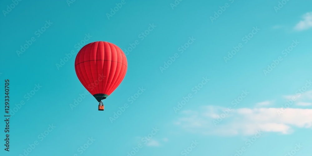 Naklejka premium A red hot air balloon is floating in the sky above a blue sky. The balloon is the only object in the image, and it is the main focus of the scene. Concept of freedom and adventure