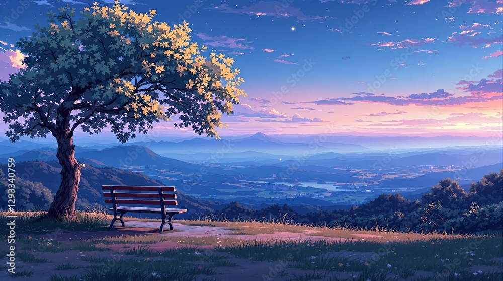 Obraz premium Beautiful scenery of an empty bench under the tree on hill. Panoramic lanscape view of the valley