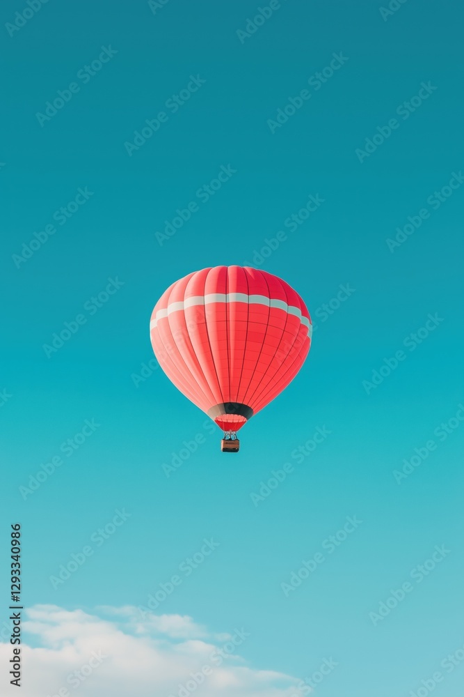 Fototapeta premium A red hot air balloon is floating in the sky above a blue sky. The balloon is the main focus of the image, and it is floating effortlessly, giving the impression of freedom and adventure
