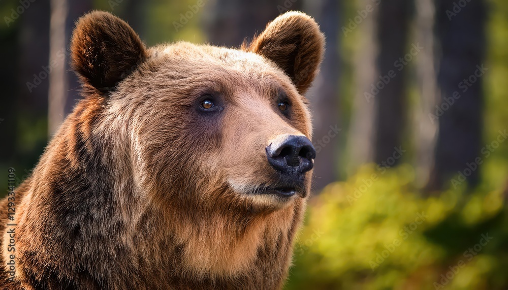Fototapeta premium Closeup of a Brown Bears Majestic Head in a Dense Forest at Dusk, with Warm Amber Eyes Gazing Intently Amidst Autumnal Hues and Textured Mossy Branches.