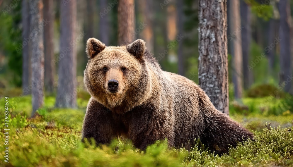 Enchanting Encounter with a Majestic Brown Bear Strolling through the Vibrant Forest Panorama, Captured in the Early Morning Light of a Winter Wonderland. Enchanting Encounter with a Majestic Brown Bear Strolling through the Vibrant Forest Panorama, Captured in the Early Morning Light of a Winter Wonderland.
