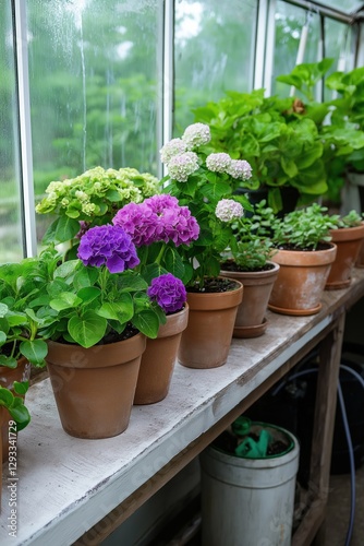 A row of potted plants sit on a window sill, including a purple and white flower. The plants are arranged in various sizes and colors, creating a vibrant and lively atmosphere