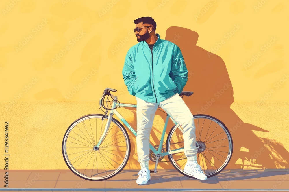 Fototapeta premium stylish middle eastern man in turquoise jacket leaning against bicycle, casting shadow on yellow wall. urban lifestyle and fashion. young guy with sunglasses, fashion illustration, lifestyle