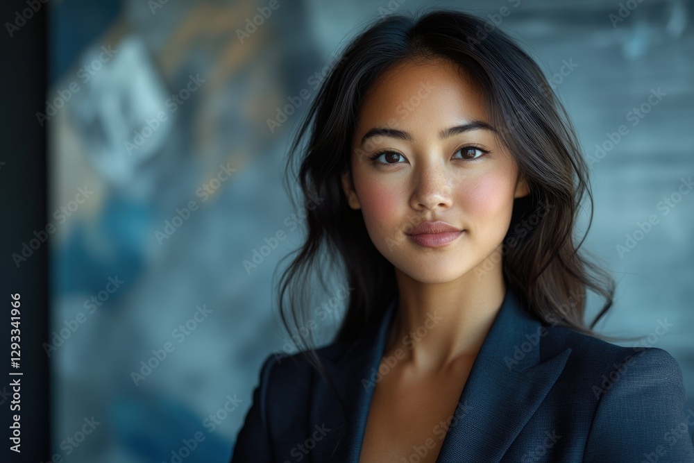 Obraz premium Portrait of a young Asian woman with long dark hair, wearing a dark blazer, against a blurred background.