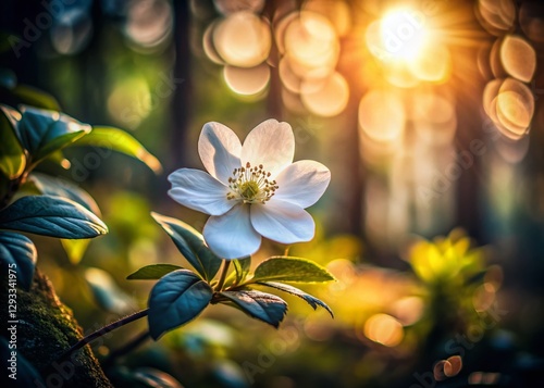 Solitary White Blossom in Sunlight, Dark Aesthetic Bokeh Background