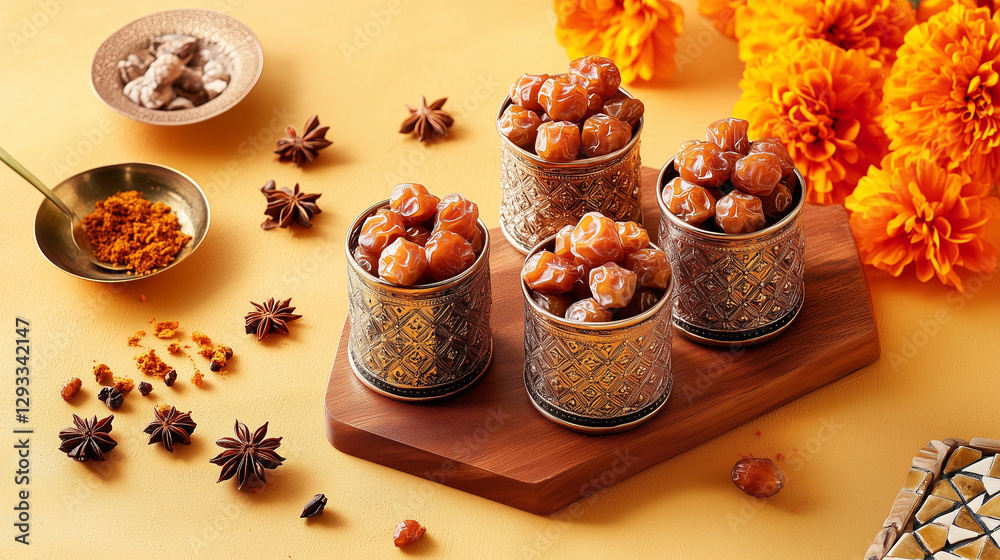Moroccan dates with spices and marigold flowers on wooden board Moroccan dates with spices and marigold flowers on wooden board