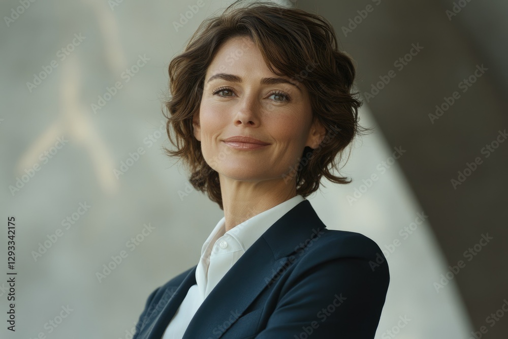 Confident businesswoman with short brown hair, wearing a navy blue blazer and white shirt, smiling gently. Confident businesswoman with short brown hair, wearing a navy blue blazer and white shirt, smiling gently.