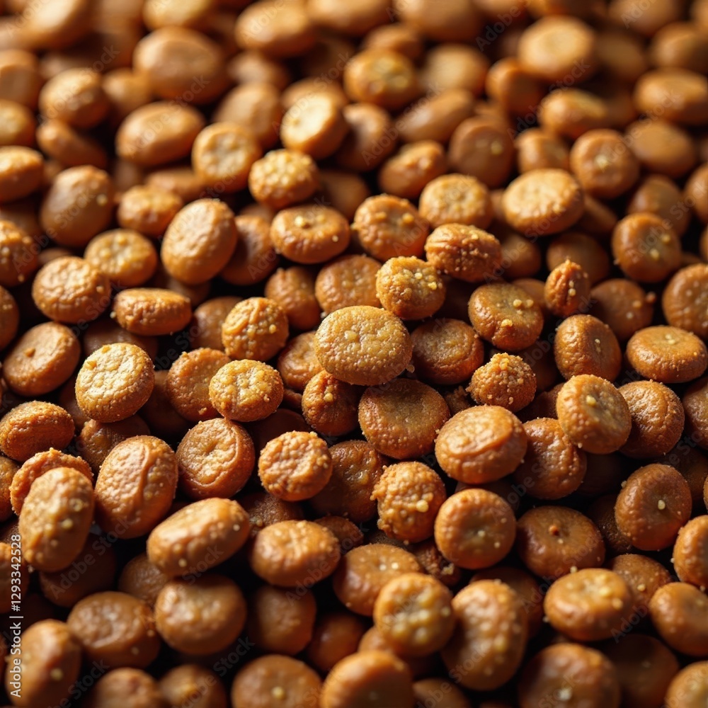 Crisp, uneven surfaces, varied hues of dry pet food, photography, detail, dry food Crisp, uneven surfaces, varied hues of dry pet food, photography, detail, dry food