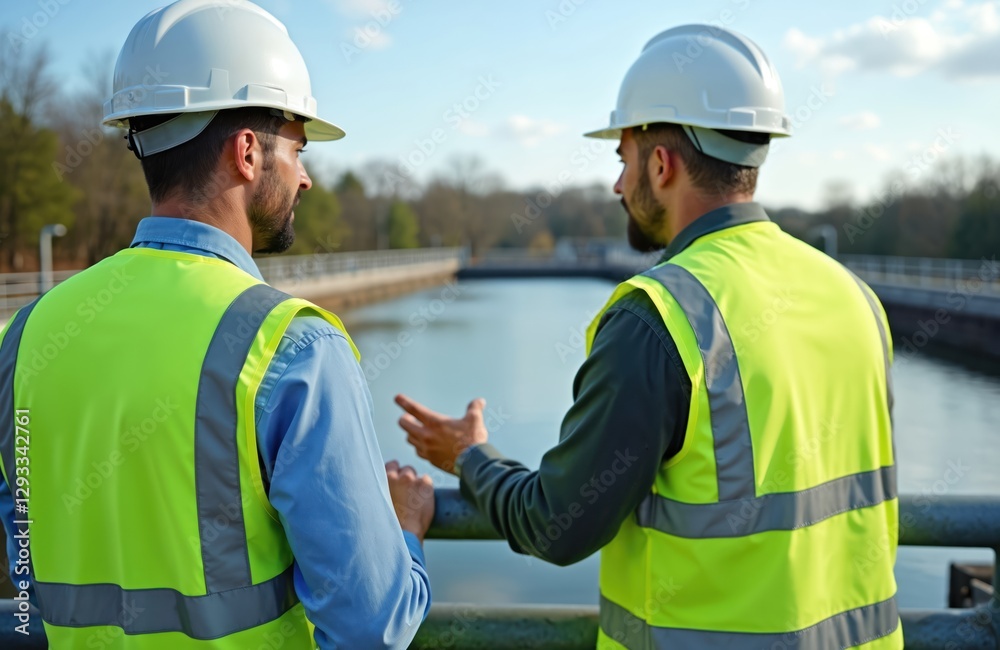 Engineers in hard hats discuss water treatment plant system, water recycling plant for reuse. Technicians oversee wastewater treatment, engineering clean water supply for city with modern Engineers in hard hats discuss water treatment plant system, water recycling plant for reuse. Technicians oversee wastewater treatment, engineering clean water supply for city with modern