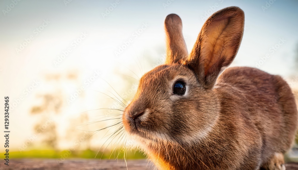 Brown Bunny Rabbit in a Sunlit Meadow, Frolicking Amidst Wildflowers and Dappled Shadows at Dawn, Capturing Whimsy and Serenity in a Pastoral Scene. Brown Bunny Rabbit in a Sunlit Meadow, Frolicking Amidst Wildflowers and Dappled Shadows at Dawn, Capturing Whimsy and Serenity in a Pastoral Scene.