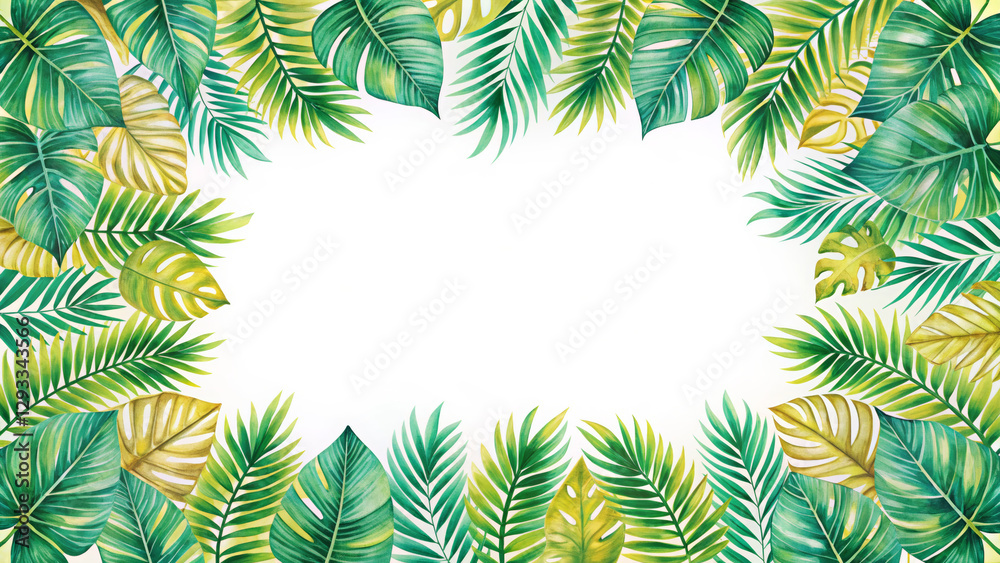Naklejka premium Tropical leaf border frame repeat pattern. Great for summer party invitations, beach-themed decor, or vibrant stationery. Surface pattern design, tropical jungle frame, frame of tropical leaves