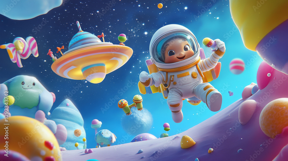 Naklejka premium Space party poster with cute spaceman and alien character in sweet world. Vector banner with cartoon illustration of candy planet landscape, boy astronaut and extraterrestrial in flying saucer