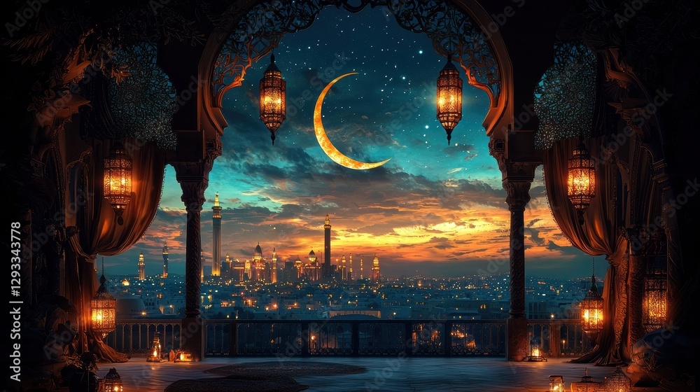 Obraz premium Enchanting Cityscape at Dusk with Crescent Moon and Glowing Lanterns in the Night Sky Magical Urban Landscape with Illuminated Skyscrapers and Reflections