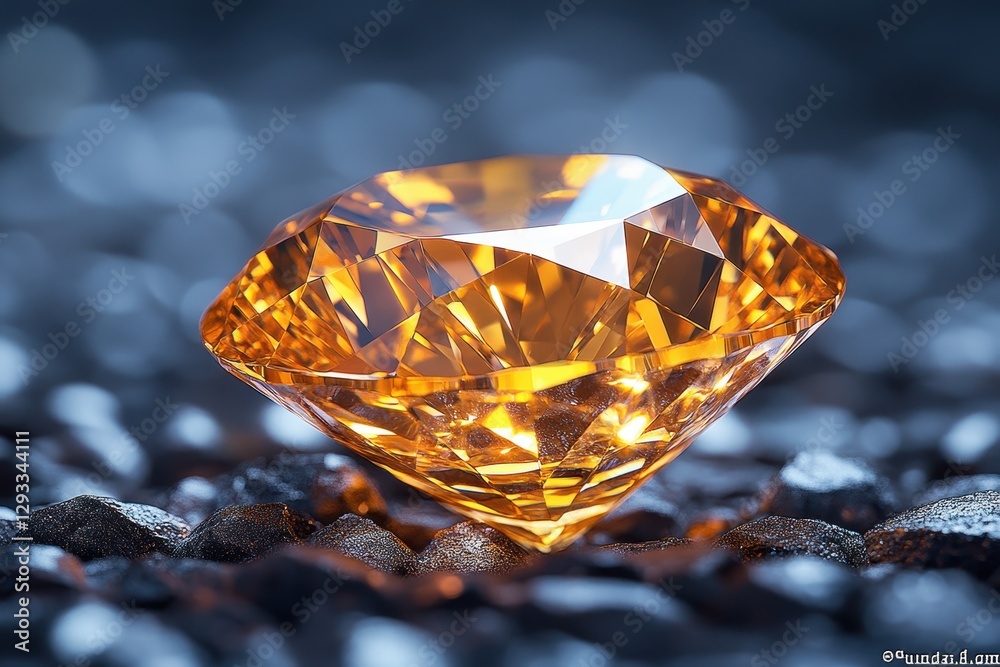 Stunning close-up of a sparkling orange diamond resting on dark stones in soft light