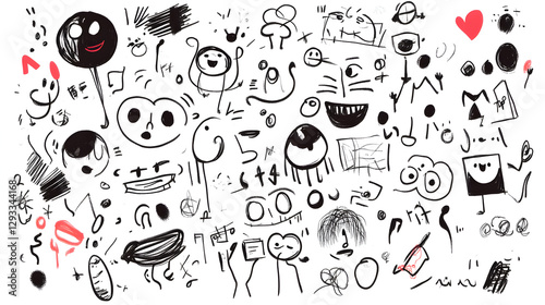 doodle art school notebook page filled with random sketches, funny stick figures, and expressive doodles 