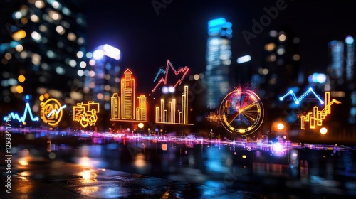 Stunning night cityscape of a modern vibrant city with skyscrapers bridges and colorful neon lights reflecting on the water below photo